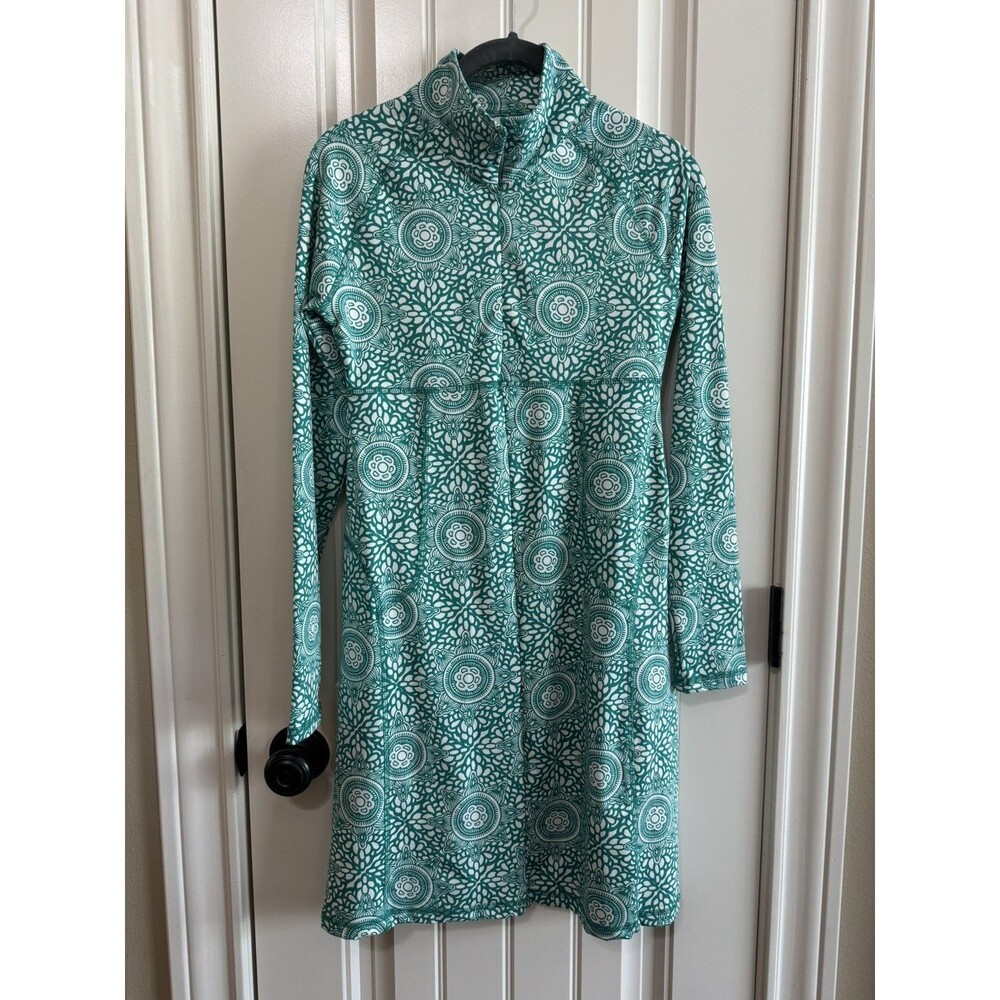 Soybu Patterned Long Sleeve Activewear Dress 1/4 Zip, Size XS, Teal Blue White
